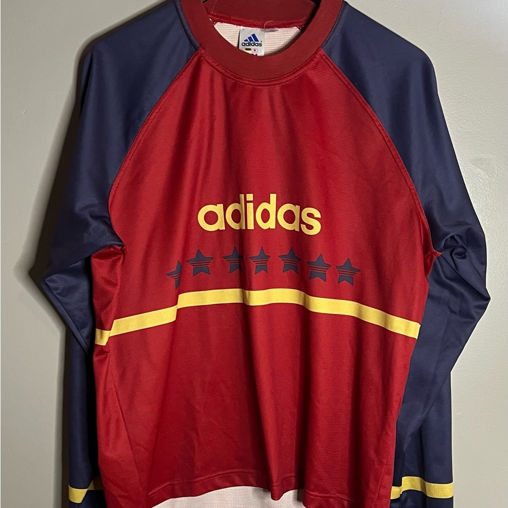 Adidas Red and Blue Vintage Raglan Jersey with Yellow Accents Size XL
